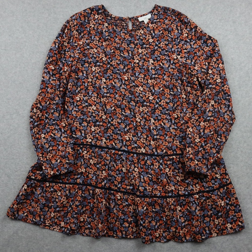 J Jill Top Womens Small Bohemian Boho Tunic Dress Blue Orange Floral Long Sleeve